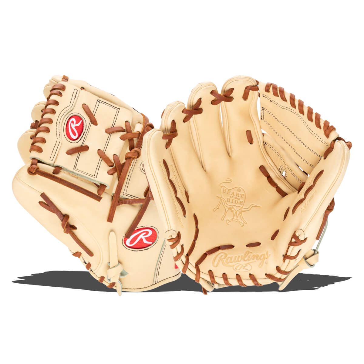 Front view of two tan baseball gloves with brown lacing and red Rawlings logos.