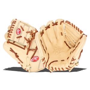 Front view of two tan baseball gloves with brown lacing and red Rawlings logos.