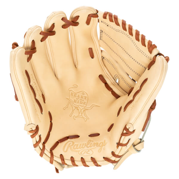 Front view of a tan Rawlings baseball glove with brown lacing, showing the "Heart of the Hide" logo and "PRO206-9C" text.
