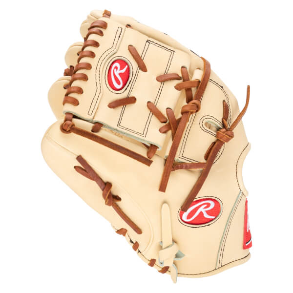 Close-up view of a tan baseball glove with brown lacing and red "R" logos.