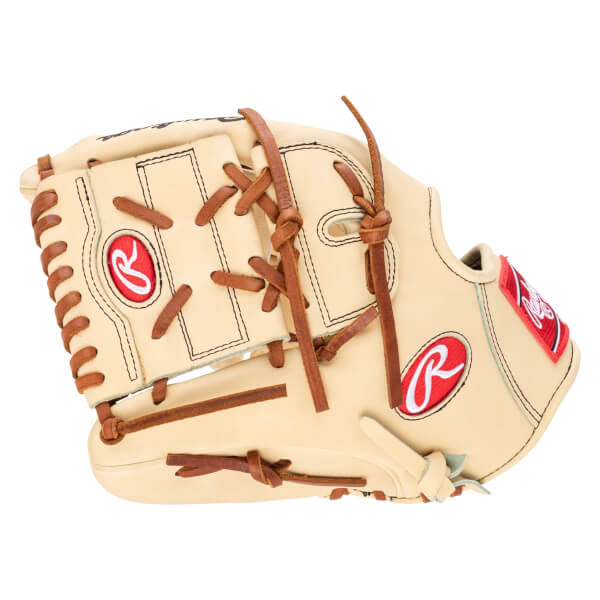 Side view of a tan baseball glove with red Rawlings logos and brown lacing.