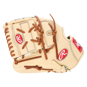 Side view of a tan baseball glove with red Rawlings logos and brown lacing.