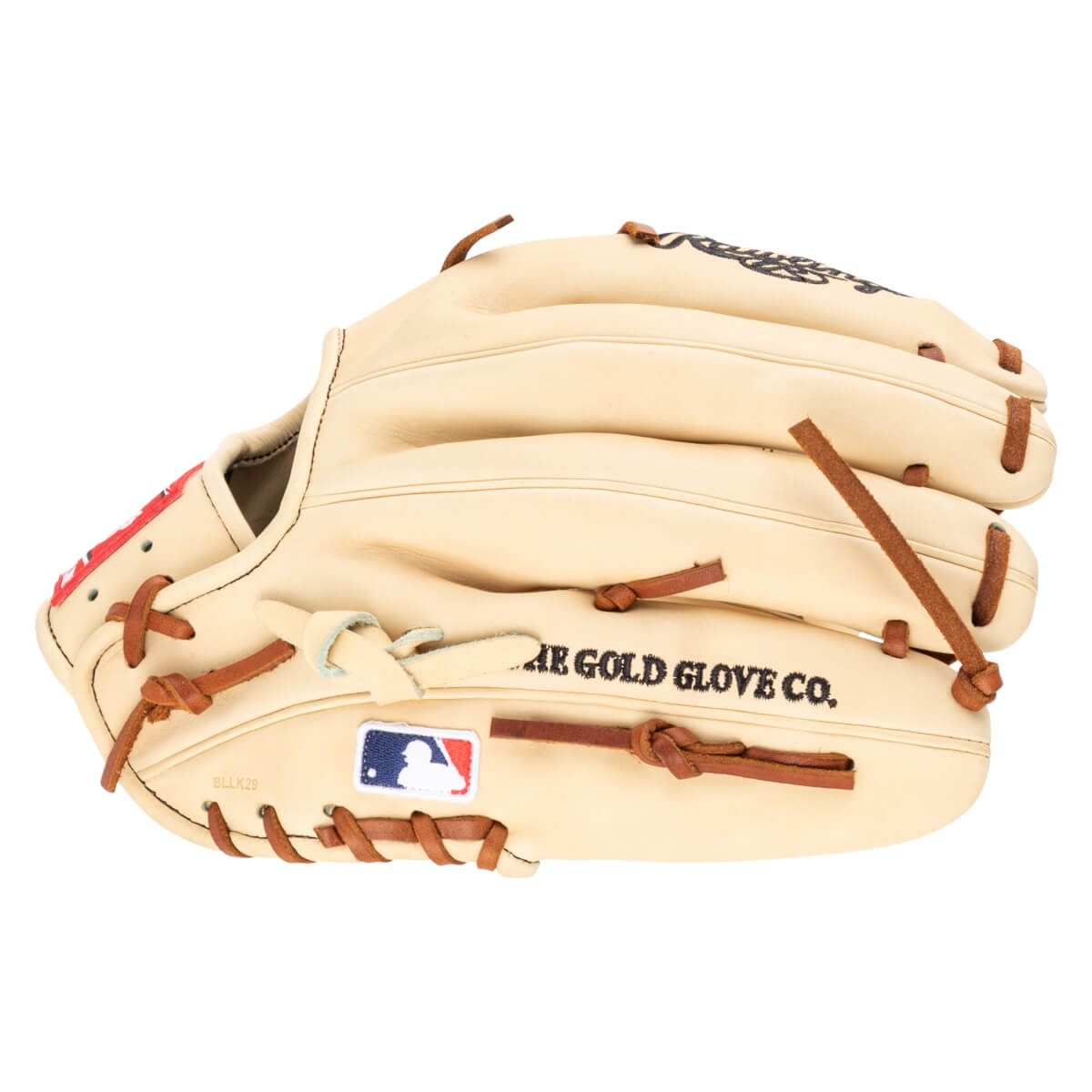 Side view of a tan baseball glove with red accents, the MLB logo, and "THE GOLD GLOVE CO." text.