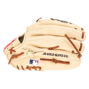 Side view of a tan baseball glove with red accents, the MLB logo, and "THE GOLD GLOVE CO." text.