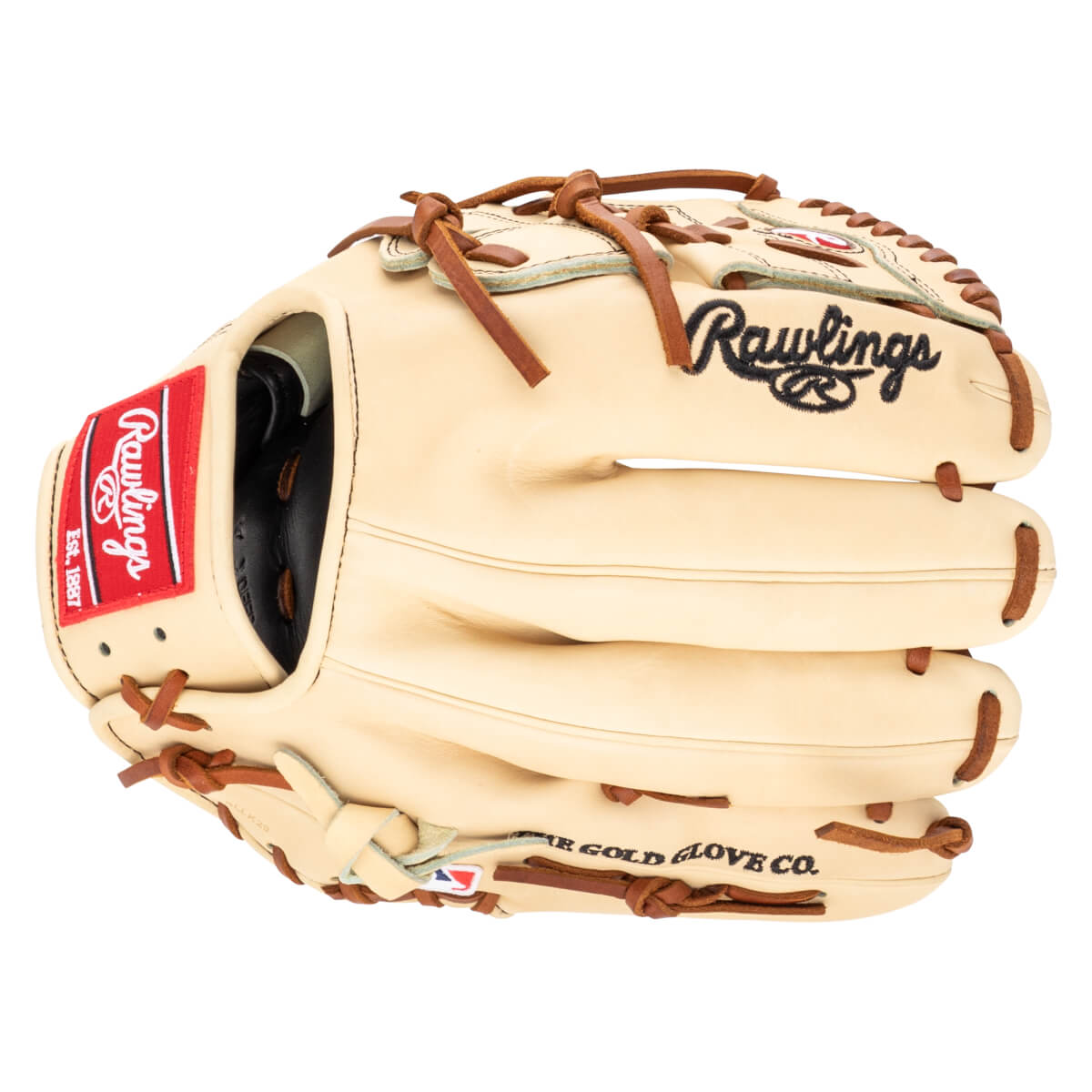 Top-down view of a tan Rawlings baseball glove with a red logo patch and black embroidered "Rawlings" text.