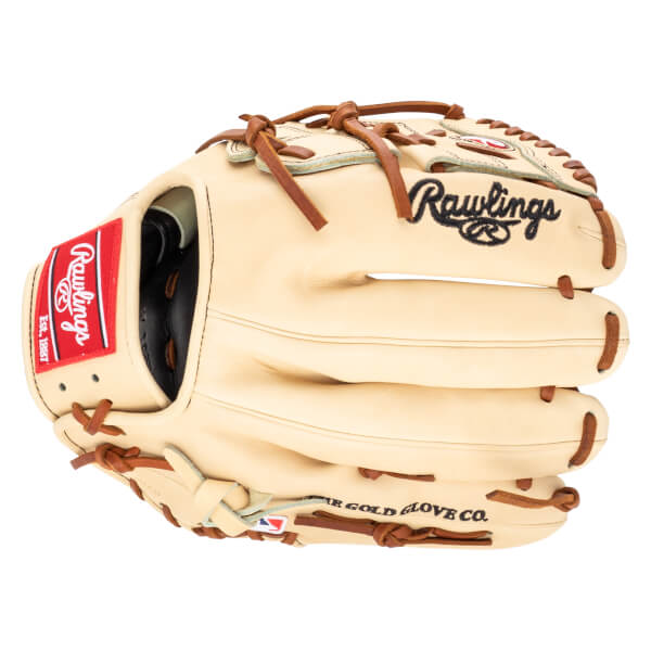 Top-down view of a tan Rawlings baseball glove with a red logo patch and black embroidered "Rawlings" text.