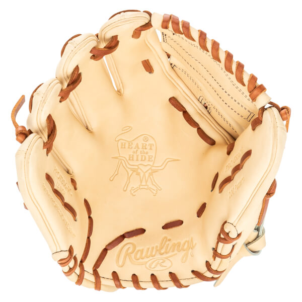 Top-down view of a tan Rawlings baseball glove with "Heart of the Hide" and "Rawlings" logos.