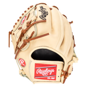 Front view of a tan Rawlings baseball glove with a red embroidered logo and "Est. 1887".