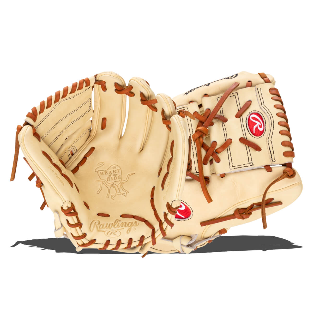 Front view of a tan Rawlings baseball glove with brown lacing, showing the "Heart of the Hide" logo and "Rawlings" text.