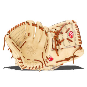 Front view of a tan Rawlings baseball glove with brown lacing, showing the "Heart of the Hide" logo and "Rawlings" text.