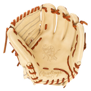 Top-down view of a tan Rawlings baseball glove with "Heart of the Hide" and "200 Pattern" embossed.