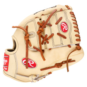 Front view of a tan Rawlings baseball glove with red logos and brown lacing.