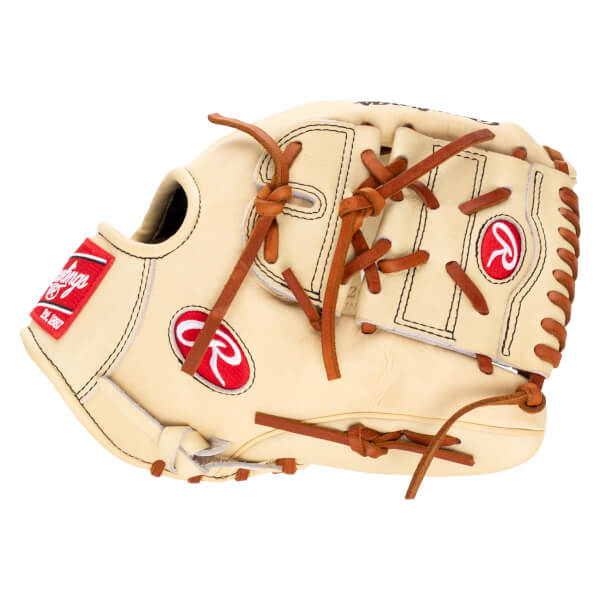 Side view of a tan Rawlings baseball glove with red logo patches and brown lacing.