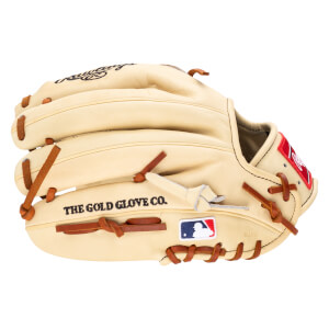 Side view of a tan baseball glove with "THE GOLD GLOVE CO." and MLB logo.