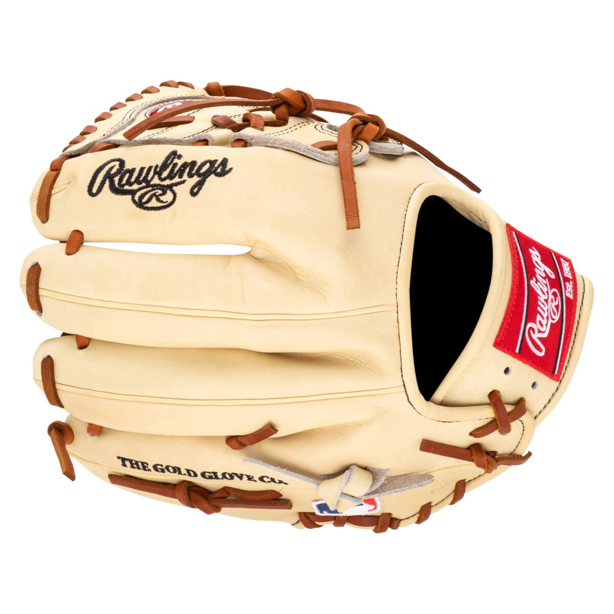 Front view of a tan Rawlings baseball glove with "Rawlings" script and "THE GOLD GLOVE C..." text.