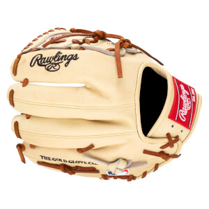 Front view of a tan Rawlings baseball glove with "Rawlings" script and "THE GOLD GLOVE C..." text.