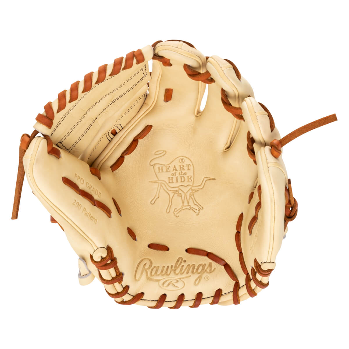 Top-down view of a Rawlings baseball glove with "PRO GRADE 200 Pattern" and "HEART of the HIDE" embossed.