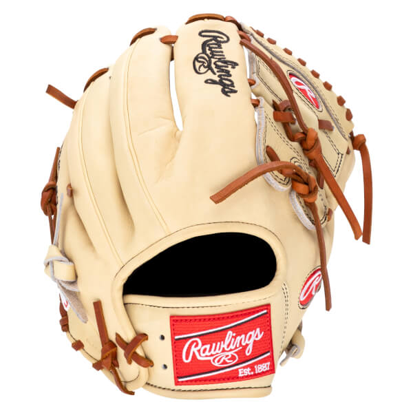 Front view of a tan Rawlings baseball glove with a red and white logo patch and black stitching.