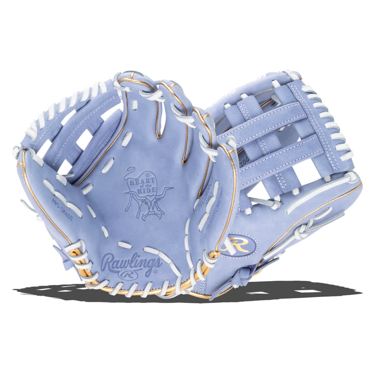 Interior view of a light purple Rawlings baseball glove with white lacing and gold trim, showing the "Heart of the Hide" logo.