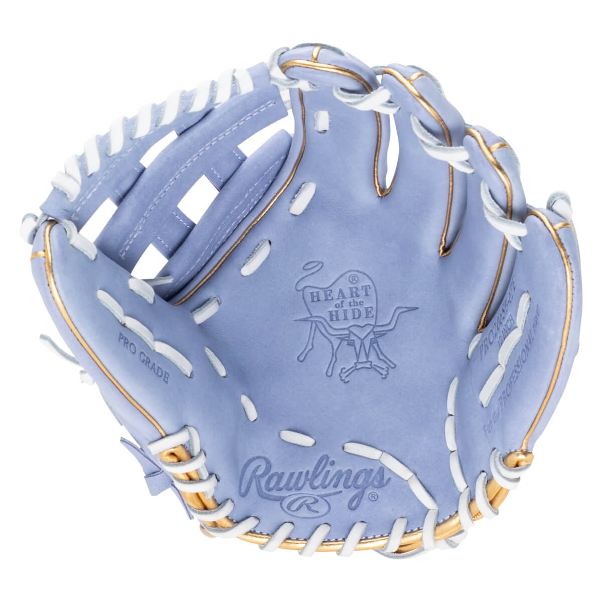 Top-down view of a lavender Rawlings baseball glove with gold trim and white lacing, showing the "Rawlings" logo and "PRO GRADE" text.