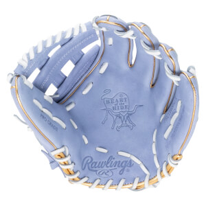 Top-down view of a lavender Rawlings baseball glove with gold trim and white lacing, showing the "Rawlings" logo and "PRO GRADE" text.