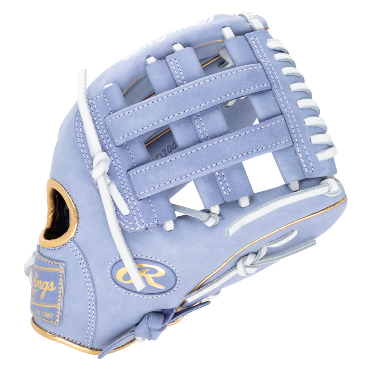Side view of a light purple baseball glove with white lacing, gold trim, and a Rawlings logo.