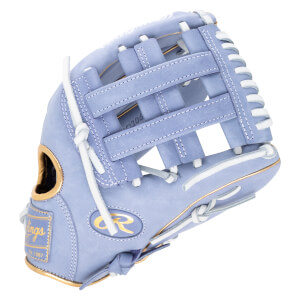 Side view of a light purple baseball glove with white lacing, gold trim, and a Rawlings logo.