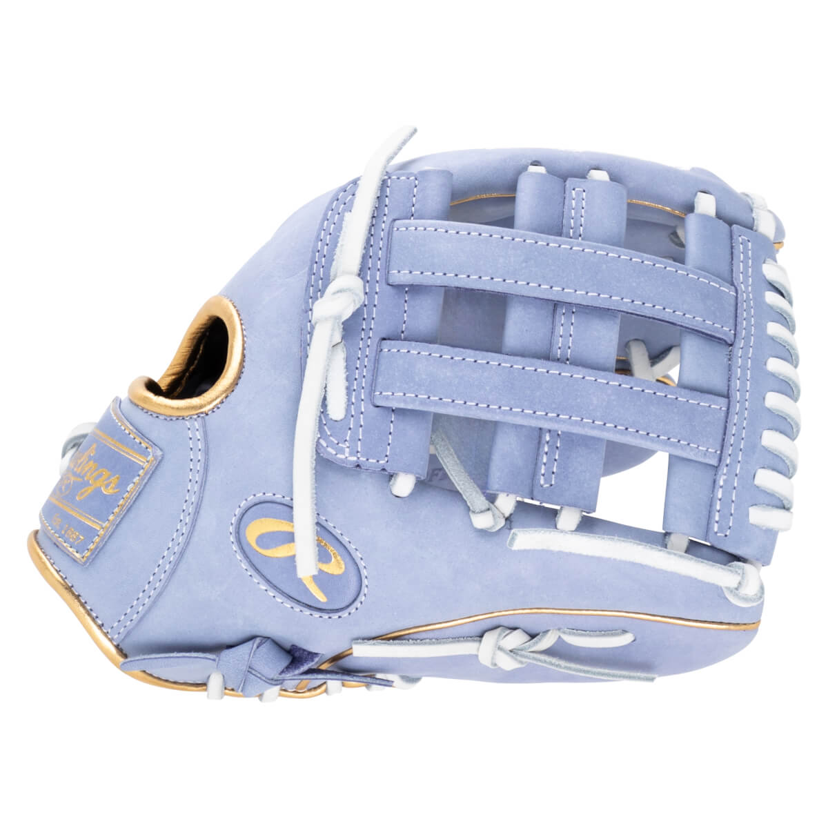 Side view of a light purple baseball glove with white lacing and gold accents, featuring the Rawlings logo.