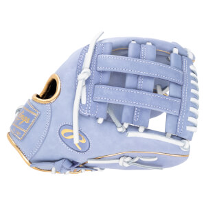 Side view of a light purple baseball glove with white lacing and gold accents, featuring the Rawlings logo.