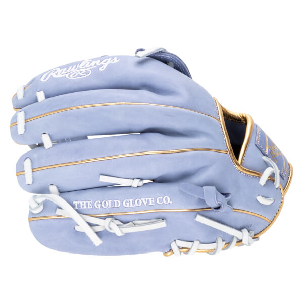 Top-down view of a lavender baseball glove with gold trim and white lacing, showing "Rawlings" and "THE GOLD GLOVE CO." text.
