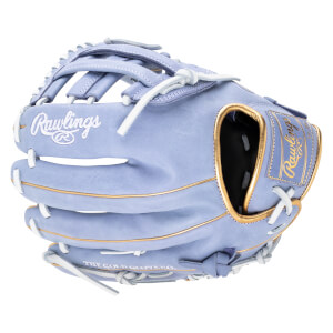 Front view of a light purple Rawlings baseball glove with gold trim and white lacing.