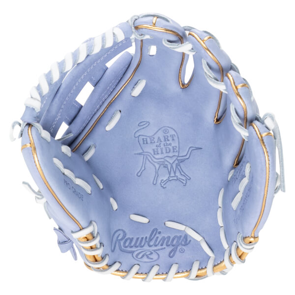 Top-down view of a lavender baseball glove with white lacing, gold trim, and "Rawlings" logo.