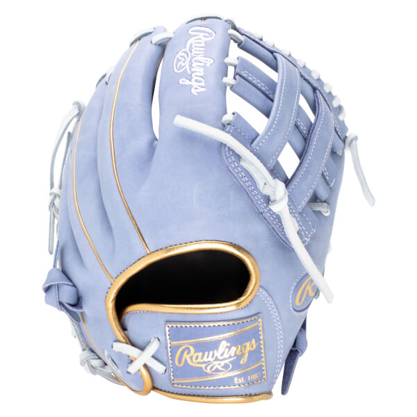Front view of a light purple baseball glove with white laces and gold trim, featuring the Rawlings logo.