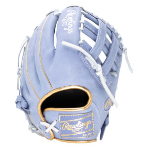 Front view of a light purple baseball glove with white laces and gold trim, featuring the Rawlings logo.