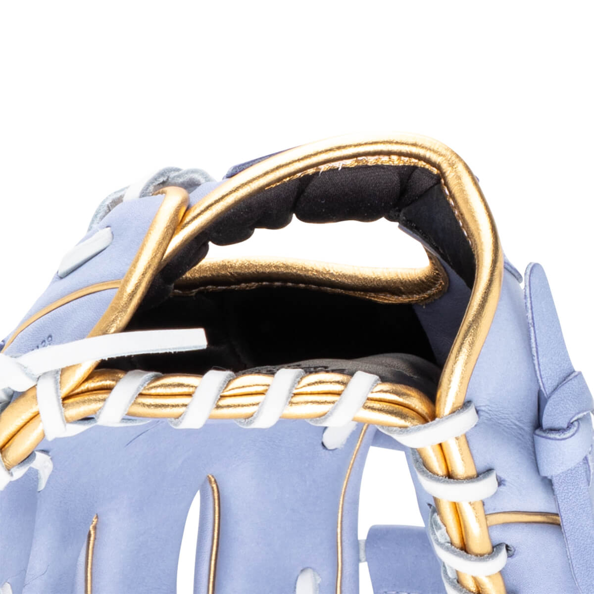 Close-up of a light purple baseball glove showing gold lacing and white stitching.