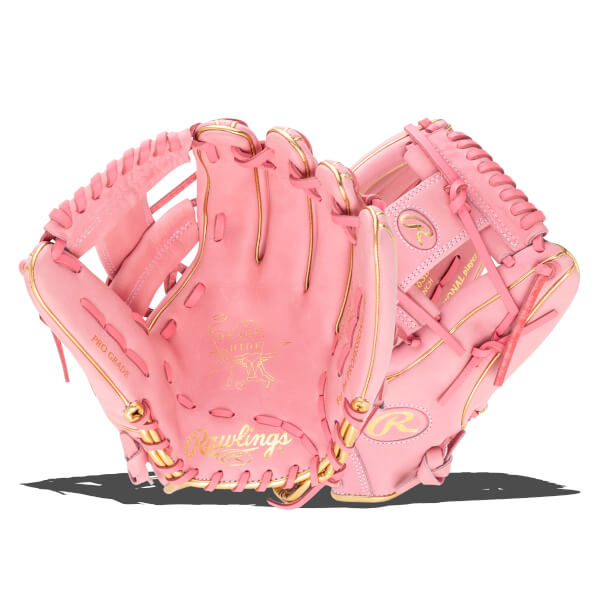 Front view of a pink Rawlings baseball glove with gold accents and "PRO GRADE" text.