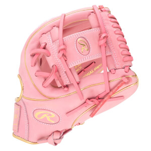 Top-down view of a pink baseball glove with gold trim and a gold Rawlings logo.