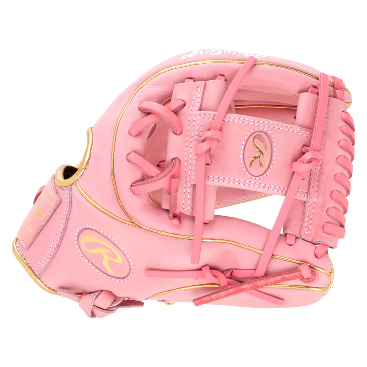 Side view of a pink Rawlings baseball glove with gold trim and a gold "R" logo.