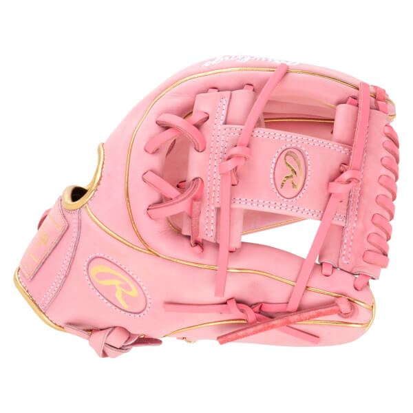 Side view of a pink Rawlings baseball glove with gold trim and a gold "R" logo.