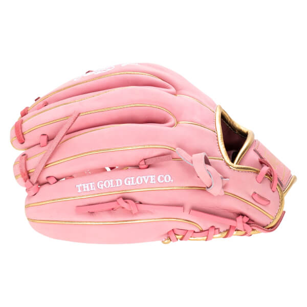Side view of a pink baseball glove with gold trim and "THE GOLD GLOVE CO." text.