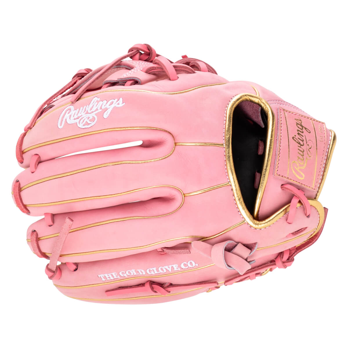 Front view of a pink Rawlings baseball glove with gold trim, featuring "Rawlings" and "THE GOLD GLOVE CO." text.