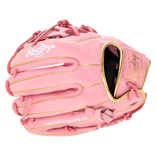 Front view of a pink Rawlings baseball glove with gold trim, featuring "Rawlings" and "THE GOLD GLOVE CO." text.