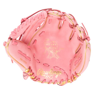 Front view of a pink Rawlings baseball glove with gold trim, "PRO GRADE" text, and a bull logo.