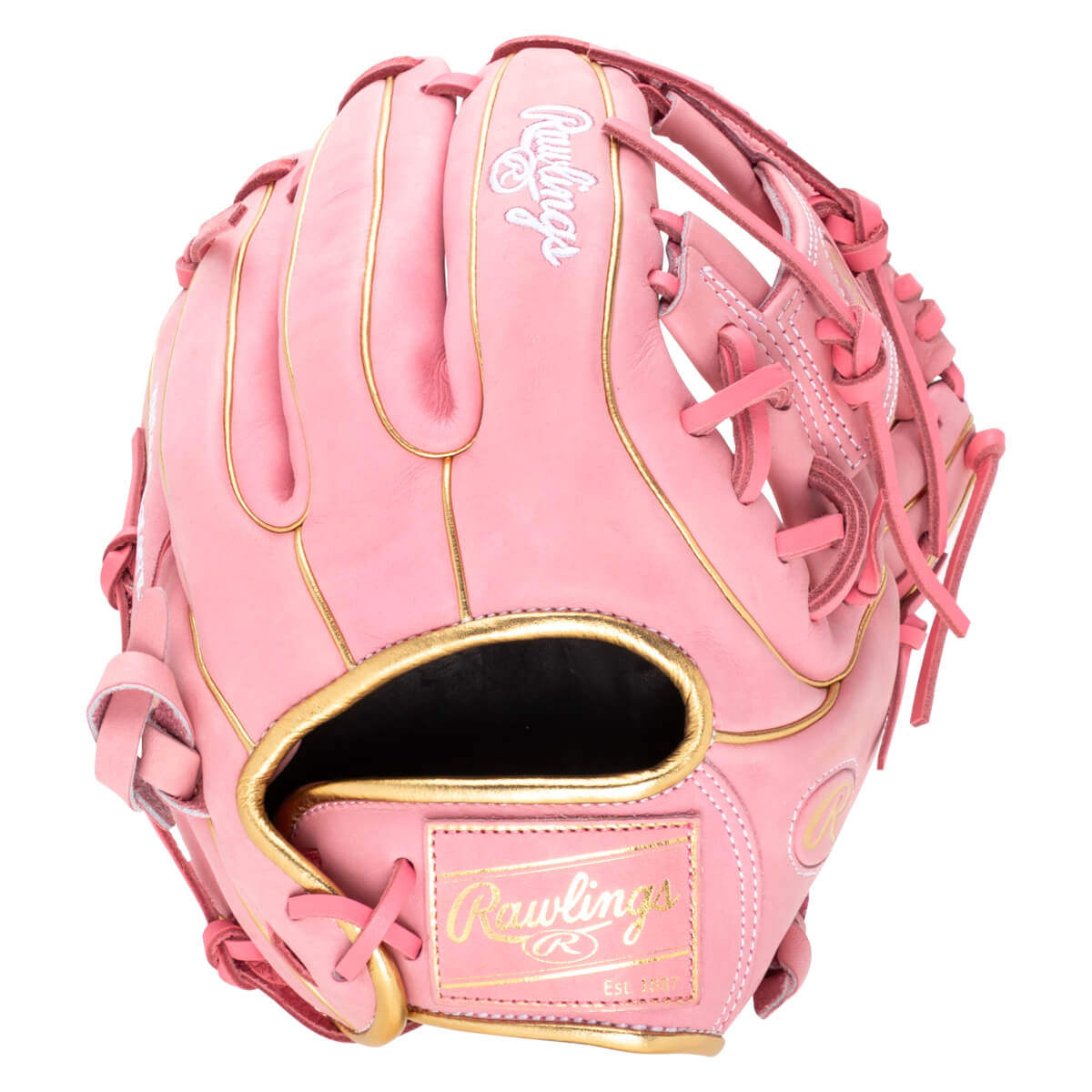 Front view of a pink Rawlings baseball glove with gold trim and stitching, showing the Rawlings logo.