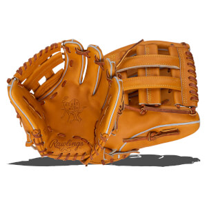 Front view of a tan Rawlings Heart of the Hide baseball glove with "Rawlings" and "Heart of the Hide" logos visible.