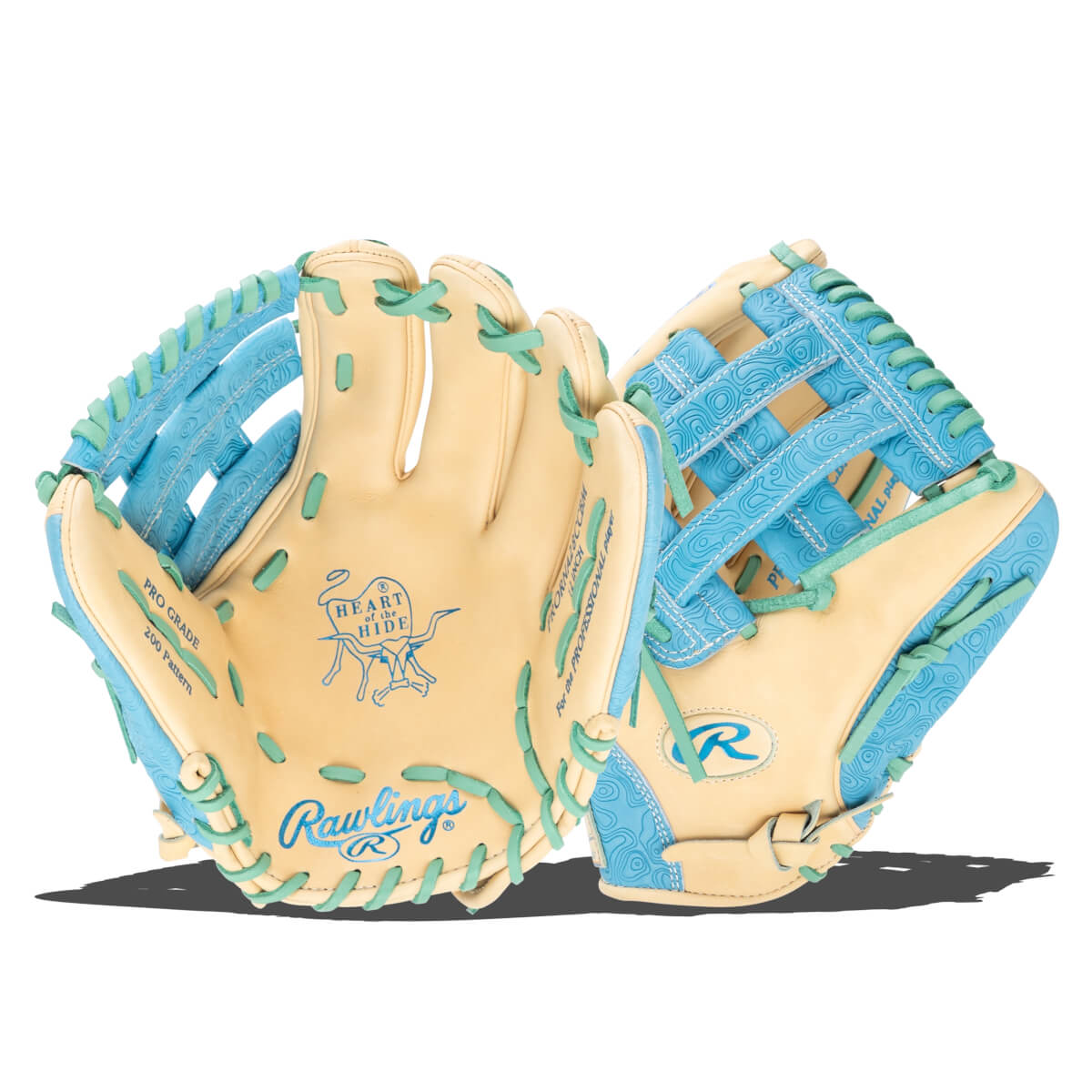 Front view of two baseball gloves with tan leather, light blue patterned accents, and mint green lacing.