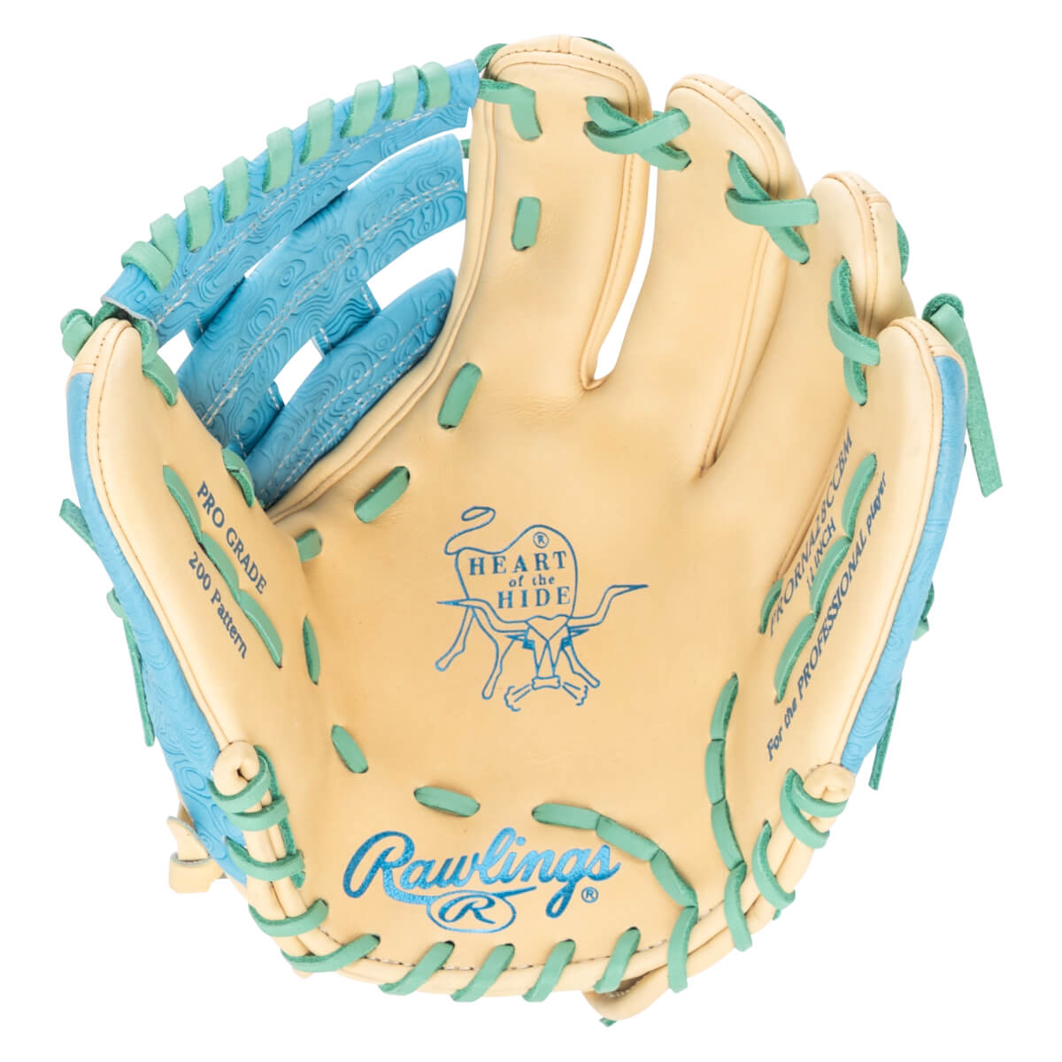 Top-down view of a Rawlings baseball glove with tan leather, blue accents, and teal lacing.