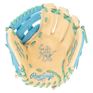 Top-down view of a Rawlings baseball glove with tan leather, blue accents, and teal lacing.