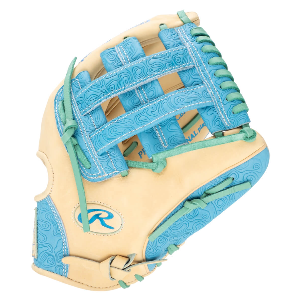 Front view of a tan baseball glove with blue patterned accents and teal lacing, featuring the Rawlings "R" logo.