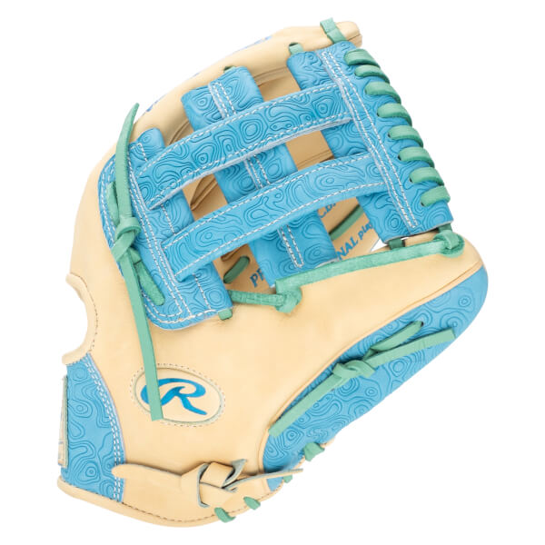 Front view of a tan baseball glove with blue patterned accents and teal lacing, featuring the Rawlings "R" logo.